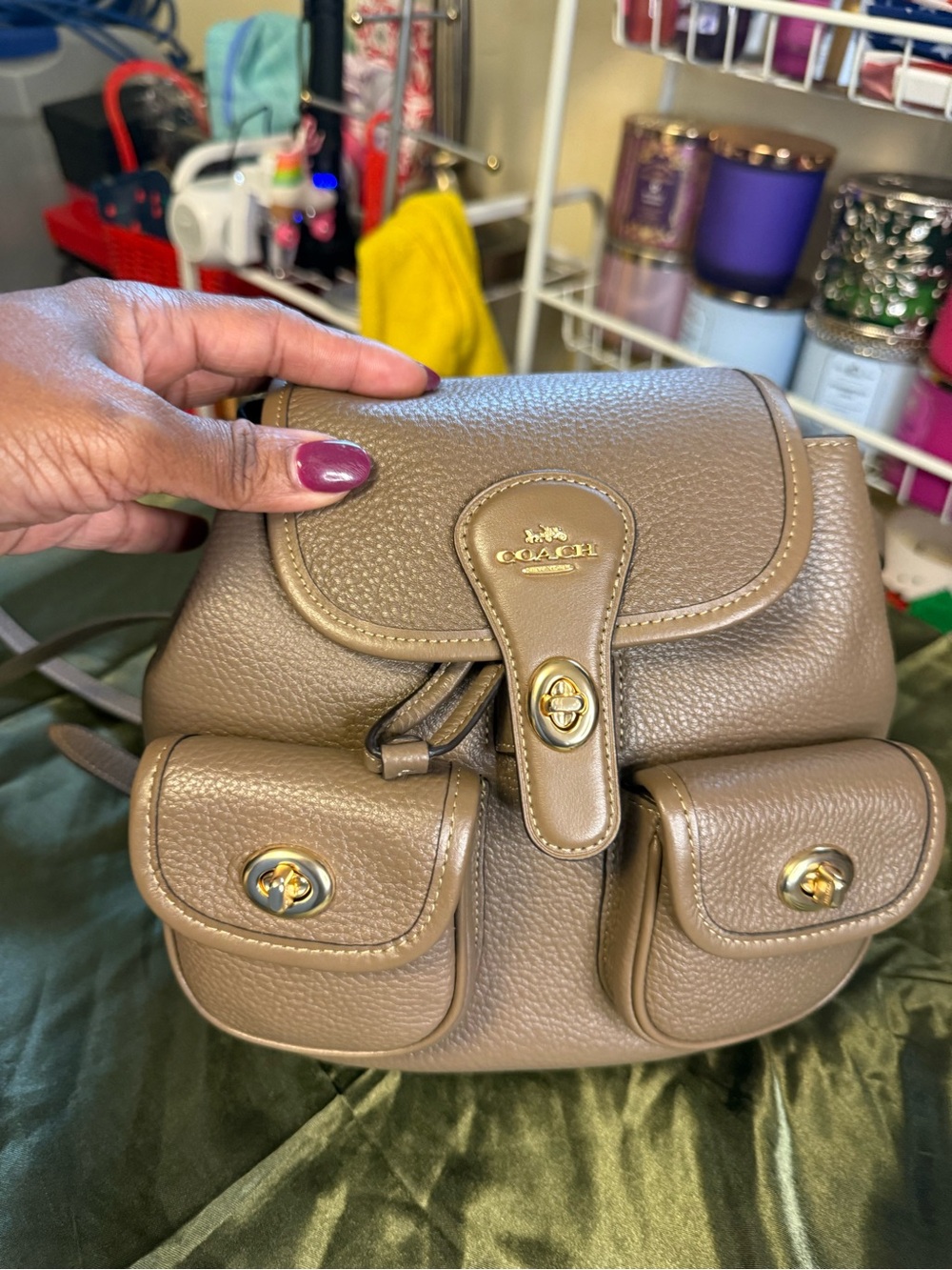 Coach Taupe Pebble Leather Mini Backpack with Gold Hardware